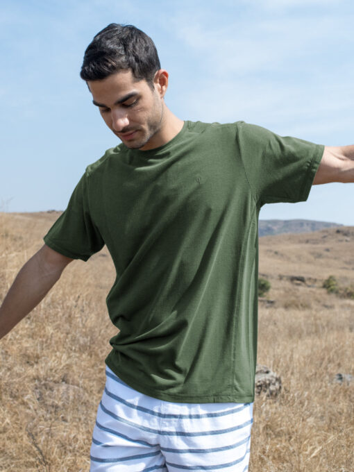 Men's Green Cotton Bamboo Elastane Regular Fit Tshirt