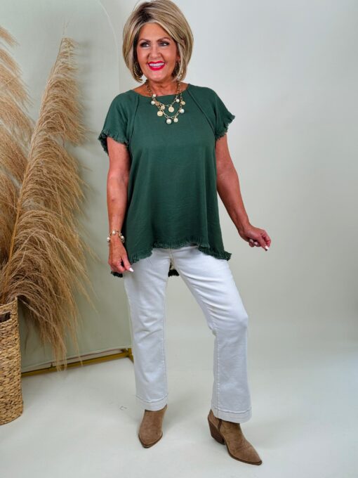 Linen Blend Scoop Neck Shirt, Frayed Hem & Mixed Print Back - 2 Color Options - Available Small Through Extended Sizes - Final Sale - Image 3