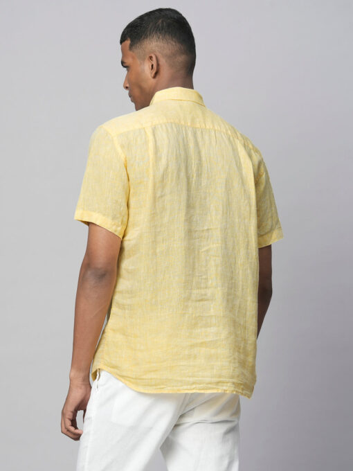 Men's Yellow 100% Linen Regular Fit Short Sleeved Shirt - Image 5