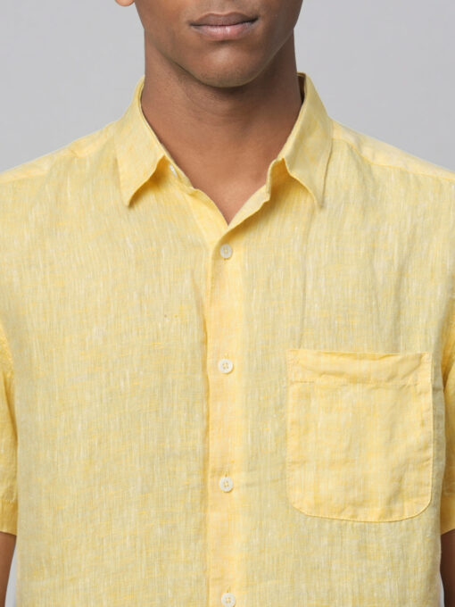 Men's Yellow 100% Linen Regular Fit Short Sleeved Shirt - Image 6