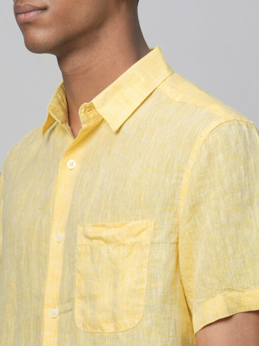 Men's Yellow 100% Linen Regular Fit Short Sleeved Shirt - Image 7