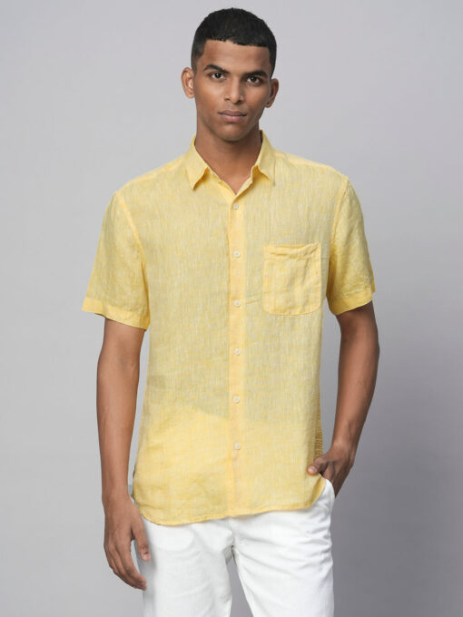 Men's Yellow 100% Linen Regular Fit Short Sleeved Shirt - Image 2