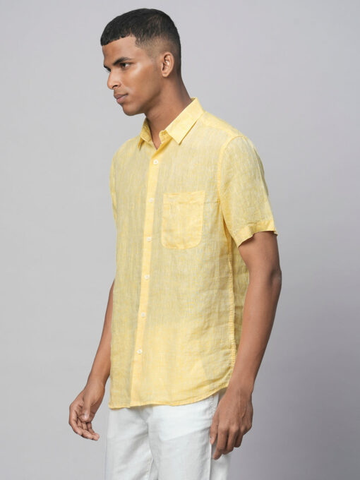 Men's Yellow 100% Linen Regular Fit Short Sleeved Shirt - Image 3