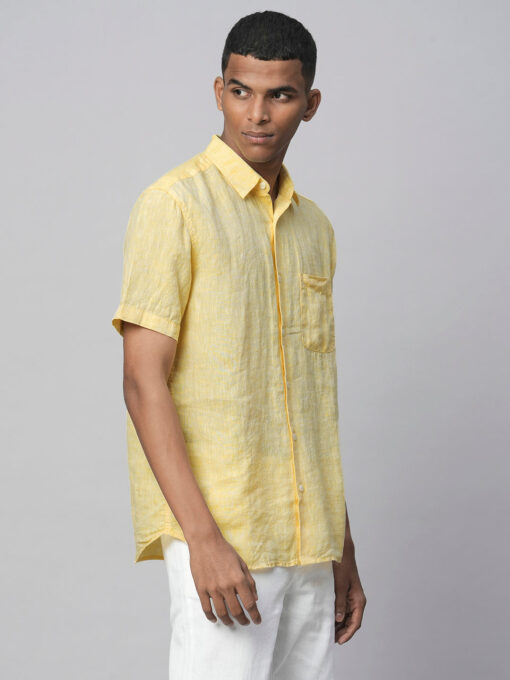 Men's Yellow 100% Linen Regular Fit Short Sleeved Shirt - Image 4