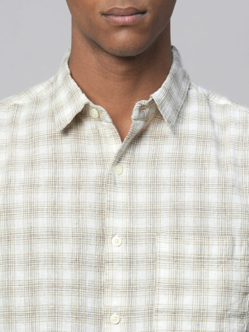 Men's Khaki Linen Cotton Regular Fit Checked Shirt - Image 6