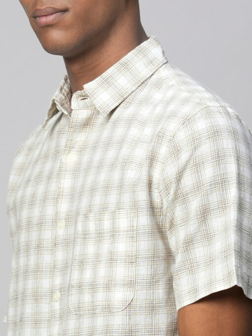 Men's Khaki Linen Cotton Regular Fit Checked Shirt - Image 7