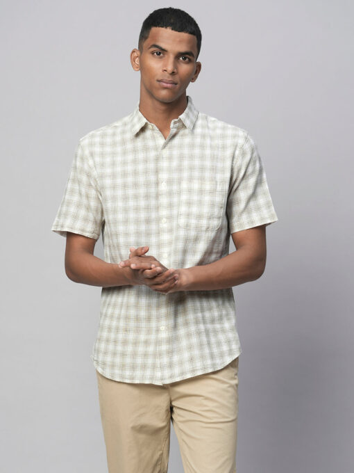 Men's Khaki Linen Cotton Regular Fit Checked Shirt - Image 2