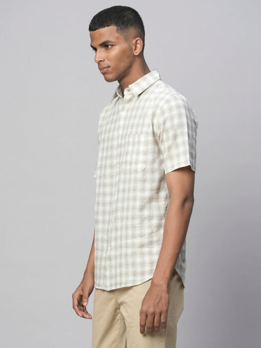 Men's Khaki Linen Cotton Regular Fit Checked Shirt - Image 3