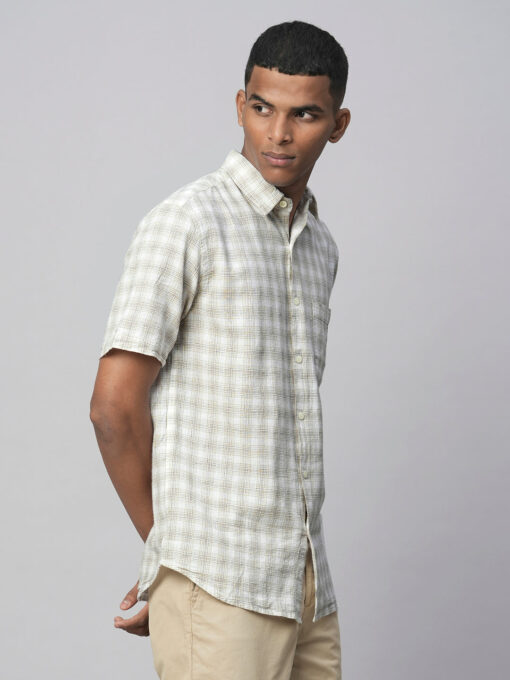 Men's Khaki Linen Cotton Regular Fit Checked Shirt - Image 4