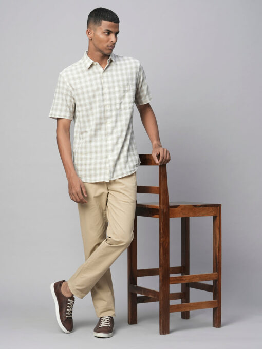 Men's Khaki Linen Cotton Regular Fit Checked Shirt