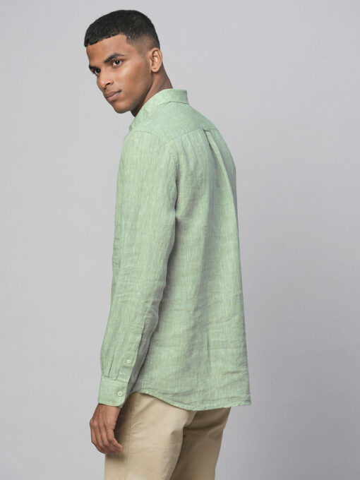 Men's Pista Green 100% Linen Regular Fit Long Sleeved Shirt - Image 5