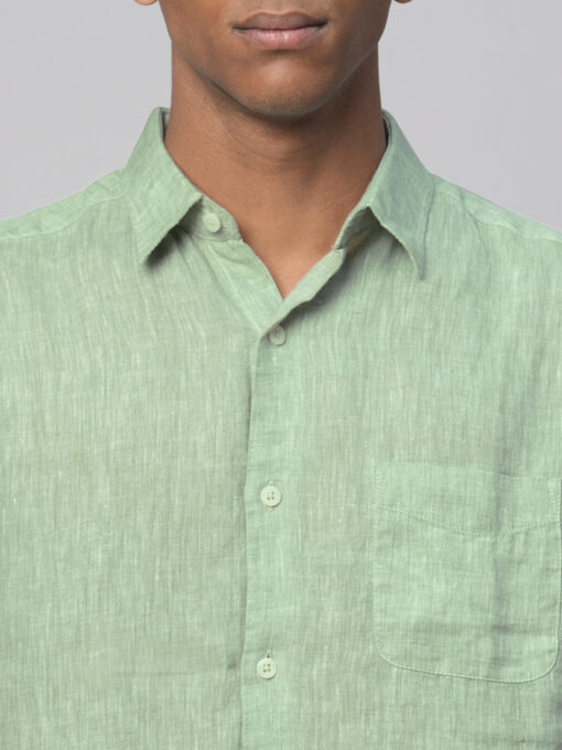 Men's Pista Green 100% Linen Regular Fit Long Sleeved Shirt - Image 6