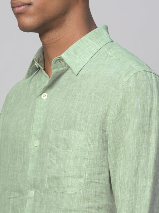 Men's Pista Green 100% Linen Regular Fit Long Sleeved Shirt - Image 7