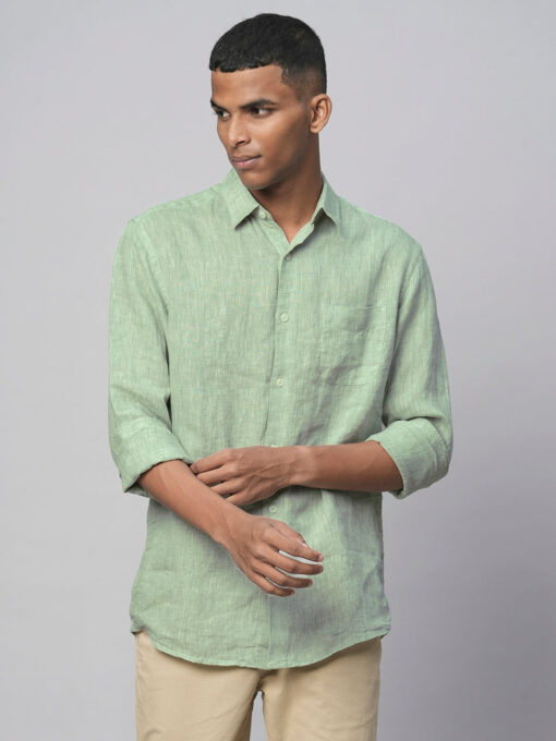 Men's Pista Green 100% Linen Regular Fit Long Sleeved Shirt - Image 2