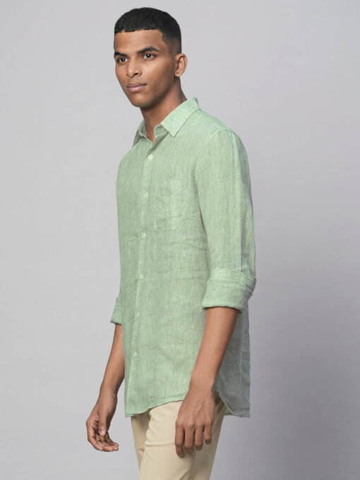 Men's Pista Green 100% Linen Regular Fit Long Sleeved Shirt - Image 3