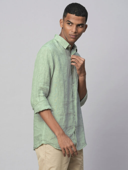 Men's Pista Green 100% Linen Regular Fit Long Sleeved Shirt - Image 4