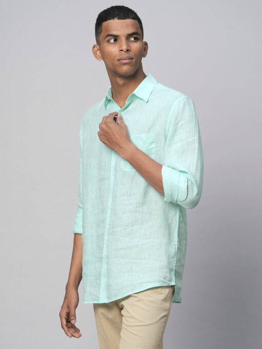 Men's Mint Green 100% Linen Regular Fit Long Sleeved Shirt - Image 3