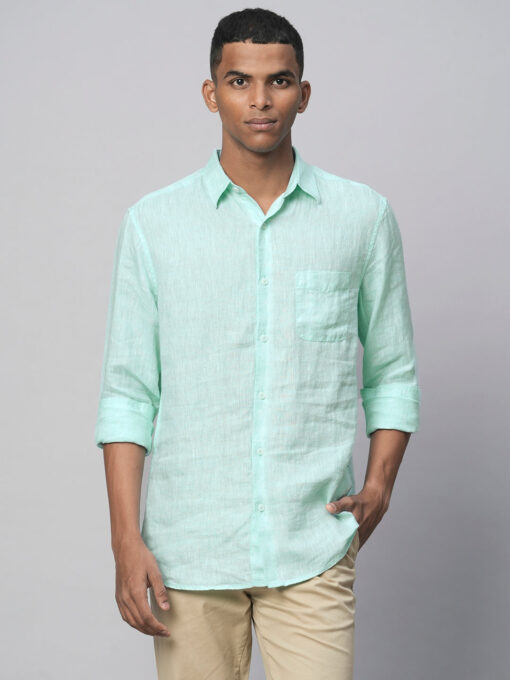 Men's Mint Green 100% Linen Regular Fit Long Sleeved Shirt - Image 2