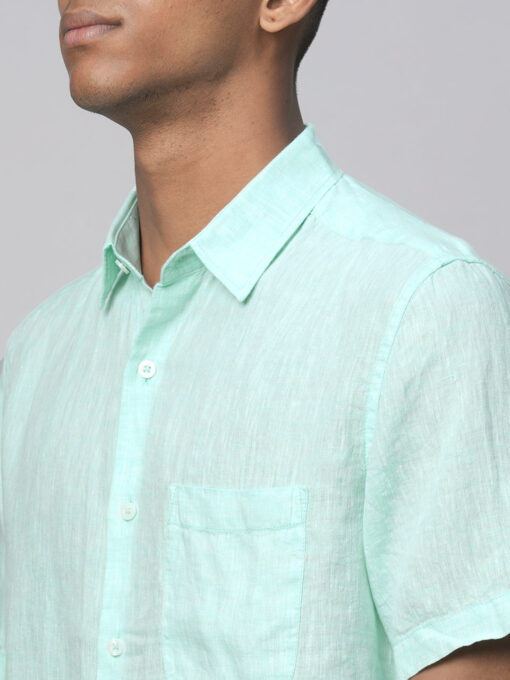 Men's Mint Green 100% Linen Regular Fit Short Sleeved Shirt - Image 7