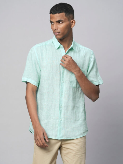 Men's Mint Green 100% Linen Regular Fit Short Sleeved Shirt - Image 2