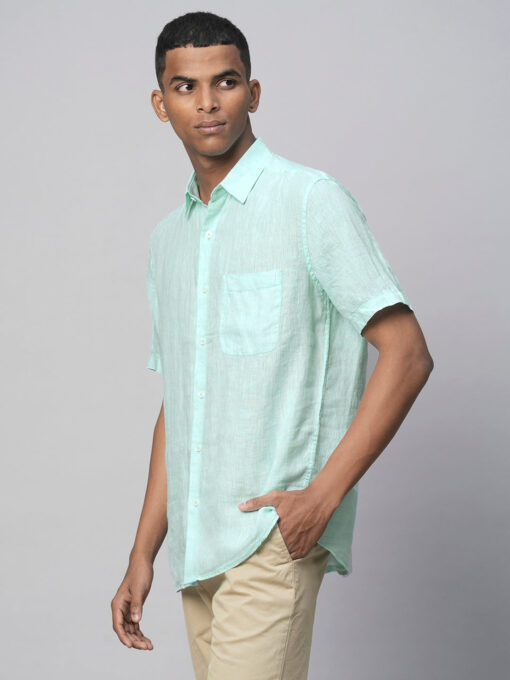 Men's Mint Green 100% Linen Regular Fit Short Sleeved Shirt - Image 3