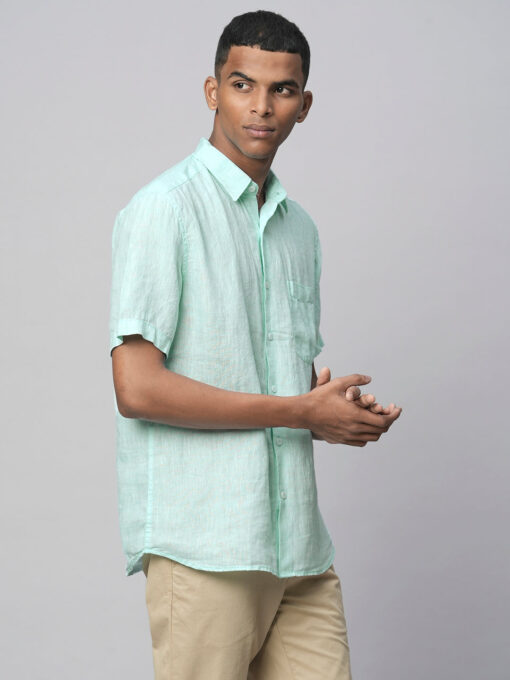 Men's Mint Green 100% Linen Regular Fit Short Sleeved Shirt - Image 4