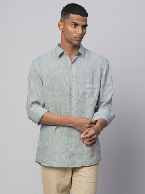 Men's Grey 100% Linen Linen Regular Fit Long Sleeved Shirt - Image 2