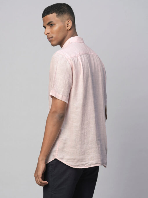 Men's 100% Linen Pink Regular Fit Short Sleeved Shirt - Image 5