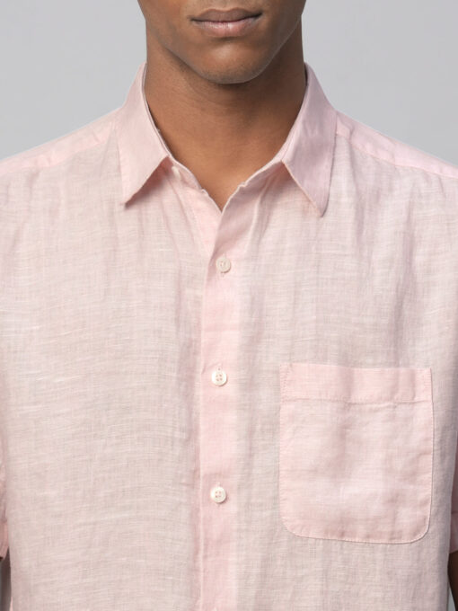 Men's 100% Linen Pink Regular Fit Short Sleeved Shirt - Image 6