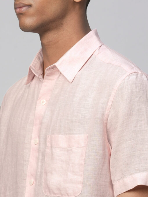 Men's 100% Linen Pink Regular Fit Short Sleeved Shirt - Image 7