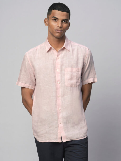 Men's 100% Linen Pink Regular Fit Short Sleeved Shirt - Image 2