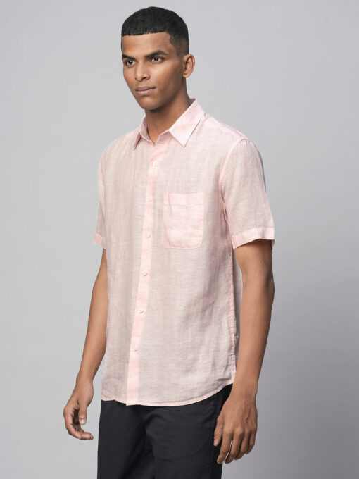 Men's 100% Linen Pink Regular Fit Short Sleeved Shirt - Image 3