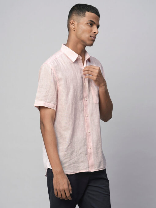 Men's 100% Linen Pink Regular Fit Short Sleeved Shirt - Image 4