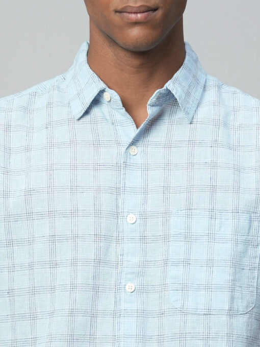 Men's Blue Linen Cotton Regular Fit Checked Shirt - Image 6