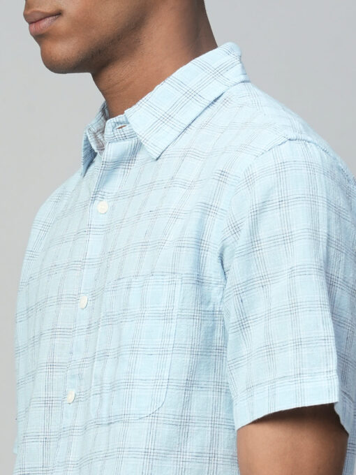 Men's Blue Linen Cotton Regular Fit Checked Shirt - Image 7