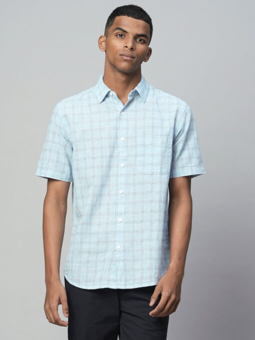 Men's Blue Linen Cotton Regular Fit Checked Shirt - Image 2