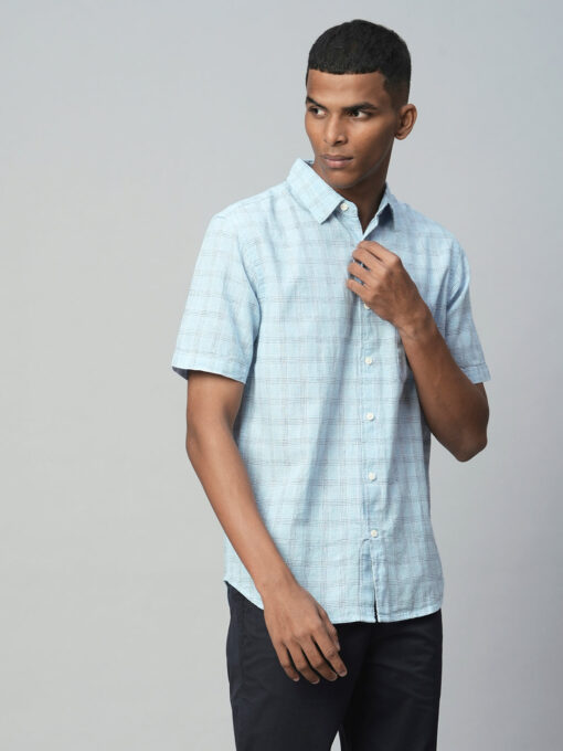 Men's Blue Linen Cotton Regular Fit Checked Shirt - Image 4