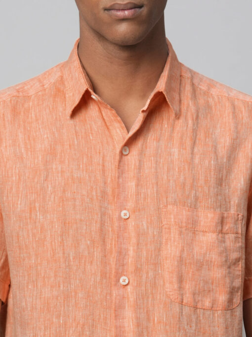 Men's Orange 100% Linen Regular Fit Short Sleeved Shirt - Image 7