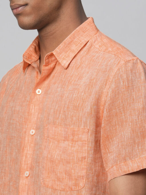 Men's Orange 100% Linen Regular Fit Short Sleeved Shirt - Image 8