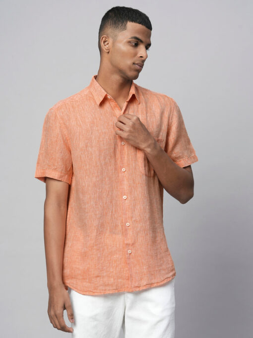 Men's Orange 100% Linen Regular Fit Short Sleeved Shirt - Image 3