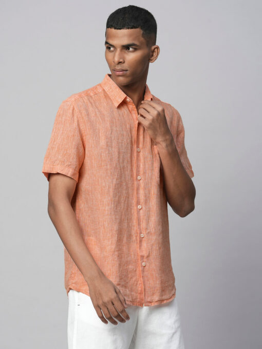 Men's Orange 100% Linen Regular Fit Short Sleeved Shirt - Image 5