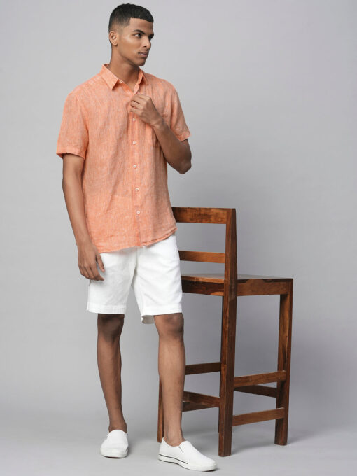 Men's Orange 100% Linen Regular Fit Short Sleeved Shirt - Image 2