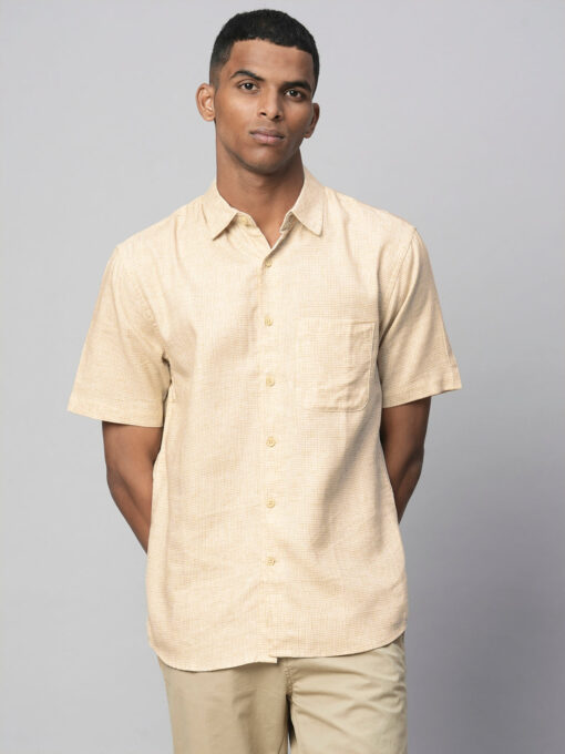 Men's Khaki Cotton Regular Fit Checked Shirt - Image 2