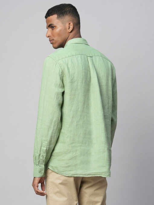 Men's 100% Linen Green Regular Fit Long Sleeved Shirt - Image 5