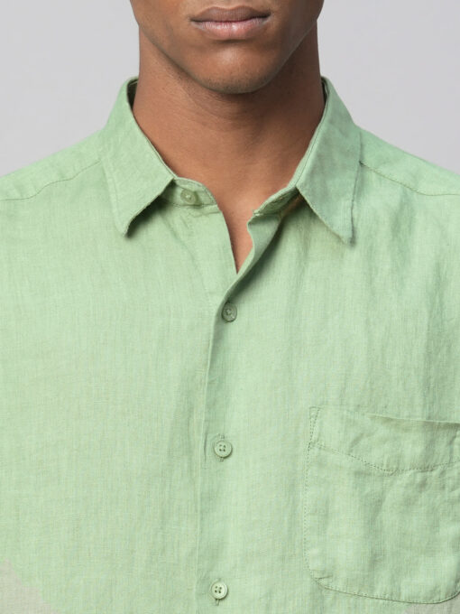 Men's 100% Linen Green Regular Fit Long Sleeved Shirt - Image 6