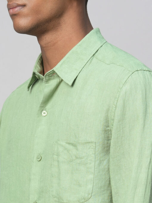 Men's 100% Linen Green Regular Fit Long Sleeved Shirt - Image 7