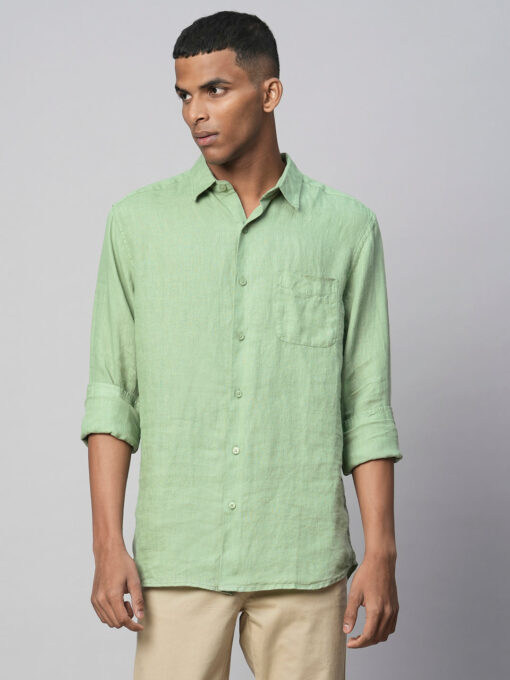 Men's 100% Linen Green Regular Fit Long Sleeved Shirt - Image 3