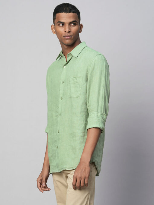 Men's 100% Linen Green Regular Fit Long Sleeved Shirt - Image 2