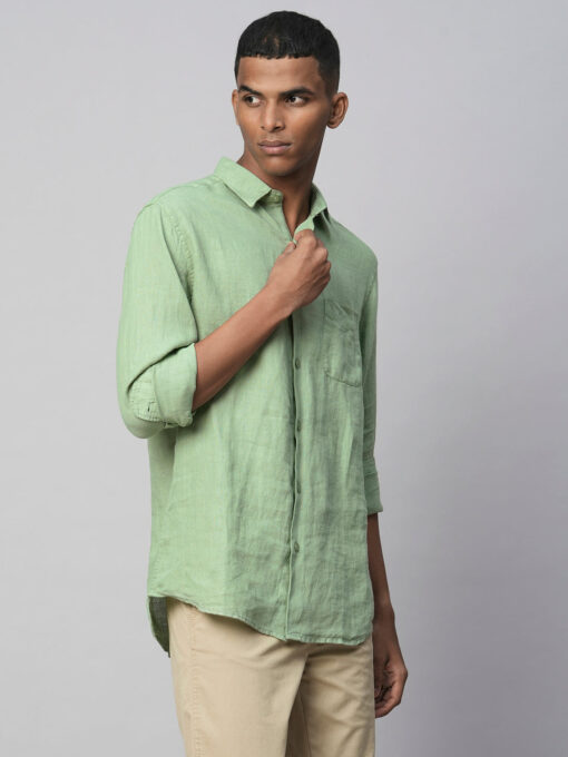 Men's 100% Linen Green Regular Fit Long Sleeved Shirt - Image 4