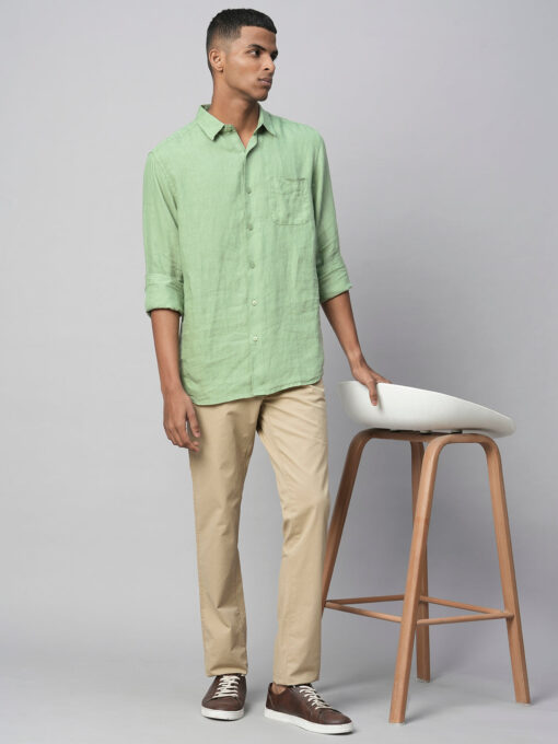 Men's 100% Linen Green Regular Fit Long Sleeved Shirt